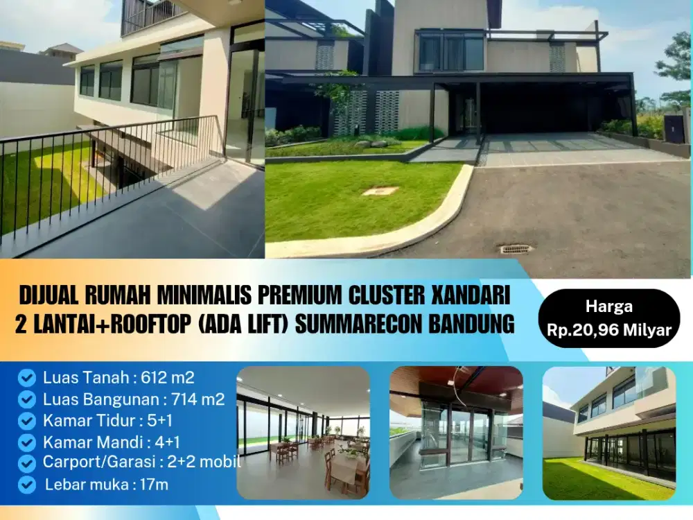Dijual Rumah Minimalis Premium Cluster Xandari
2 Lantai+Rooftop (Ada Lift) Summarecon Bandung
