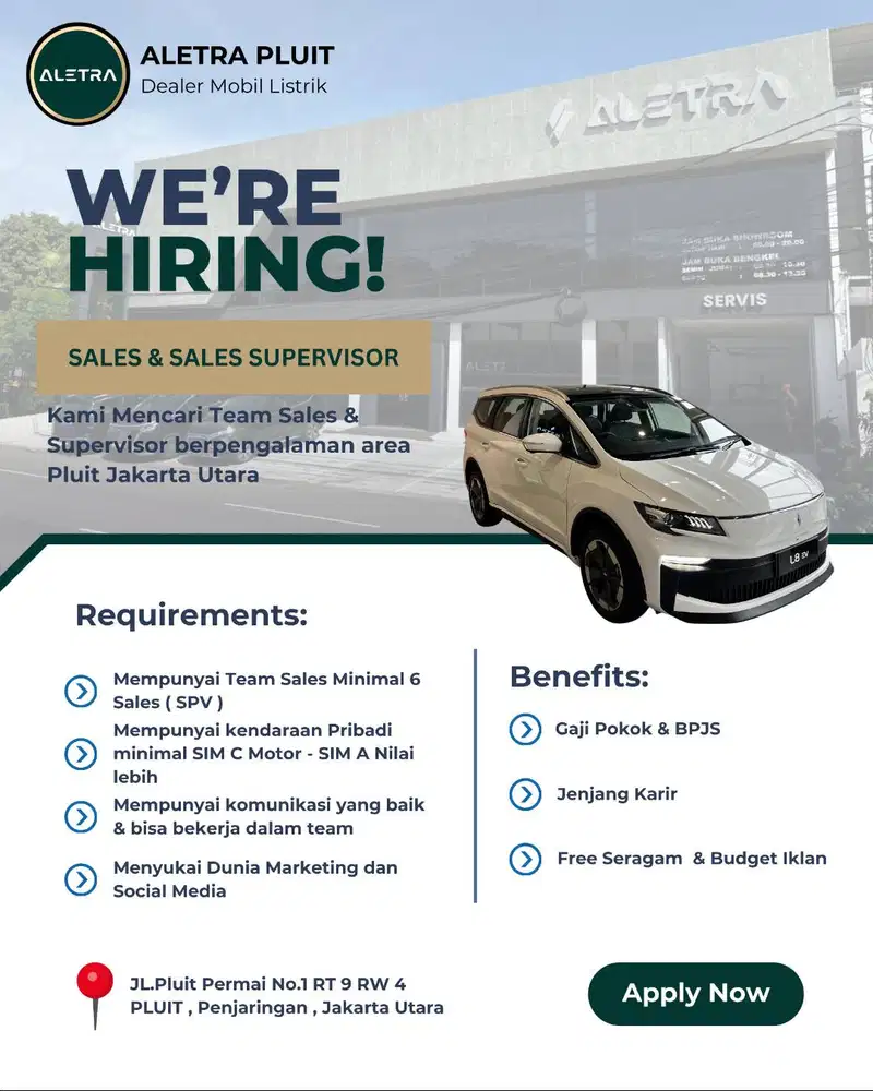 Lowongan Sales Supervisor Mobil Listrik Aletra Pluit
