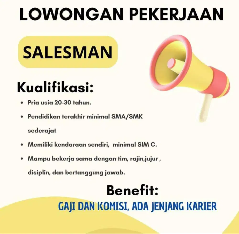 Dibutuhkan Salesman Pria (SMA/SMK)