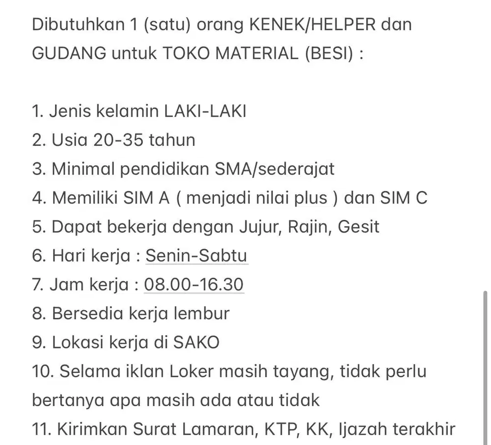 Butuh Cepat, HELPER dan bagian GUDANG