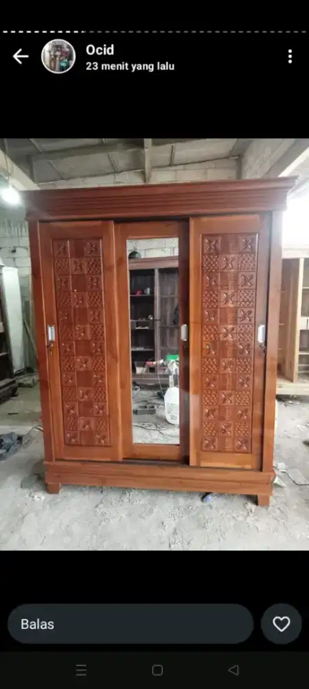 Lemari 3pintu sliding kaca kayu jati