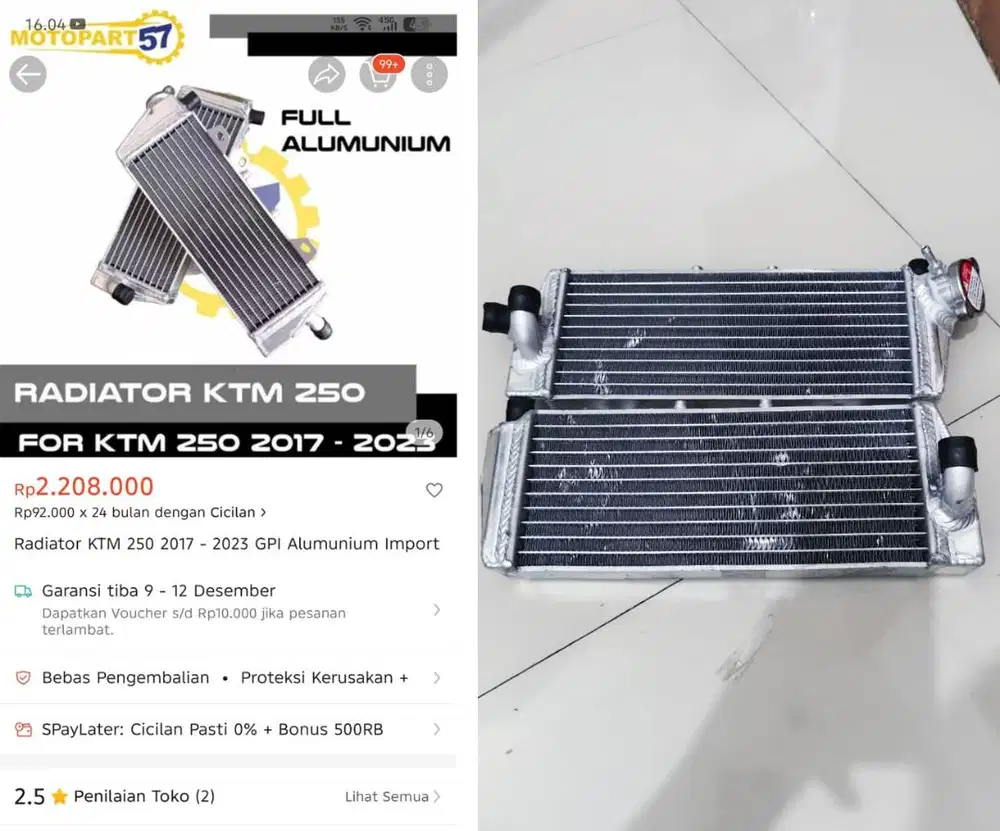 radiator motor KTM 250 tahun 2017-2023 FULL ALUMUNIUM