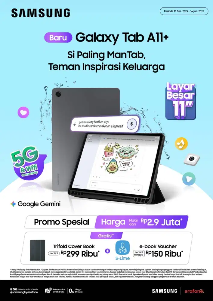 Tablet samsung baru a11+ free cover book