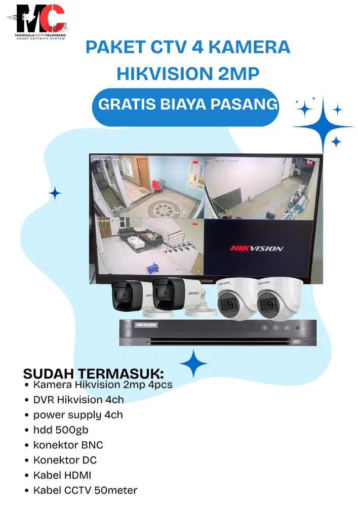 PAKET LENGKAP CCTV MURAH HIKVISION BERGARANSI 4 KAMERA DUAL LIGHT 2MP