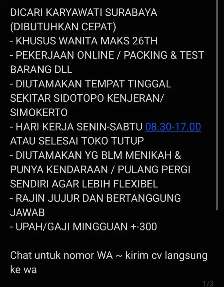 DICARI CEPAT KARYAWATI WANITA ONLINE PACK TES BARANG SURABAYA SIDOTOPO