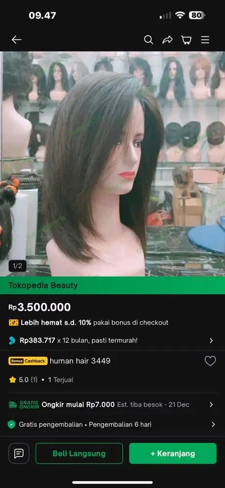 wig bekas pemakaian saya human hair 100%
