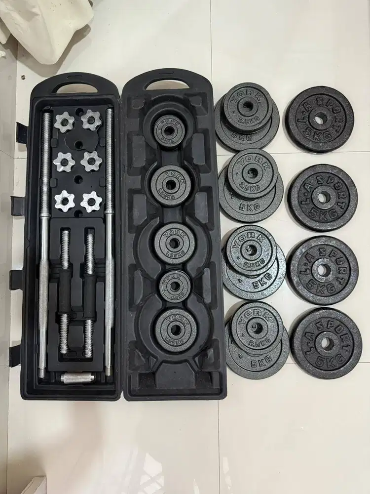 Dumbbell Barbell Set 50kg + Extra Beban 5kg x4 + Kursi gym adjustable