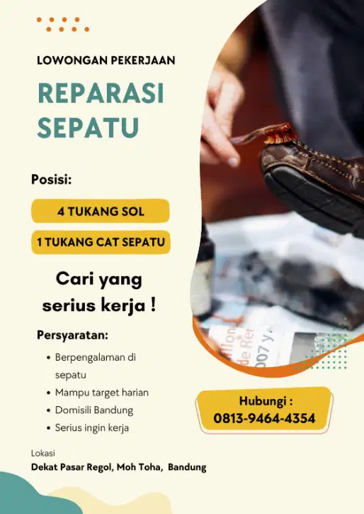 Dibutuhkan segera tukang sol berpengalaman dan cleaning service