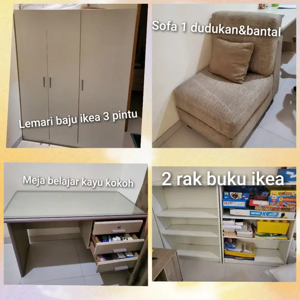Lemari baju ikea 3 pintu,meja belajar,rak buku,sofa