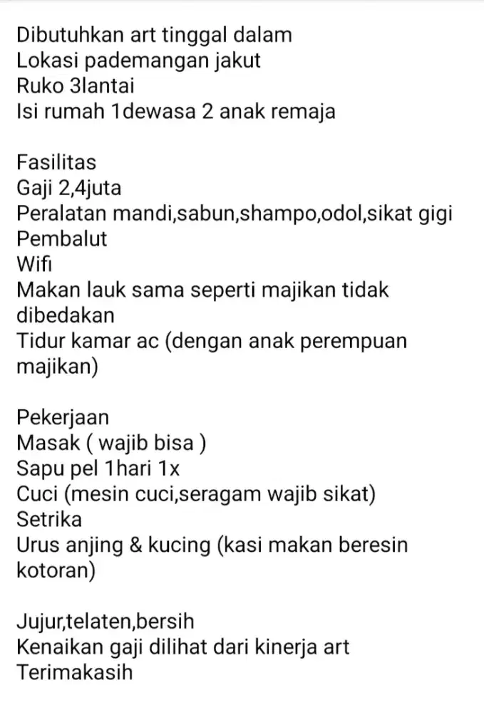 Dicari art tinggal dalam