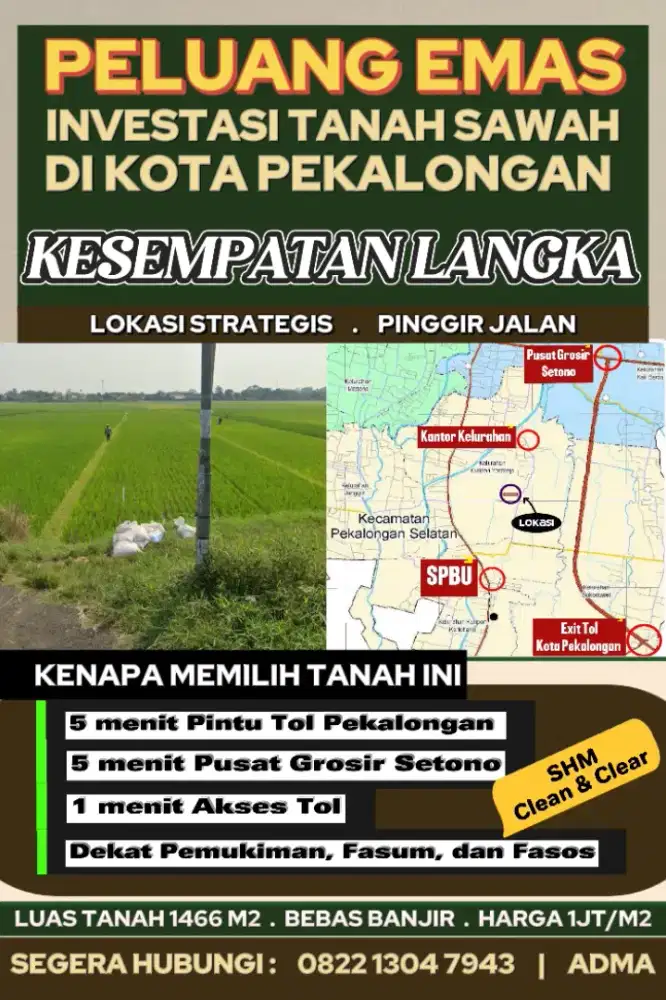 DIJUAL TANAH SAWAH DI JANTUNG KOTA PEKALONGAN