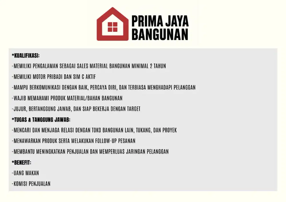 Dicari sales toko bangunan keliling