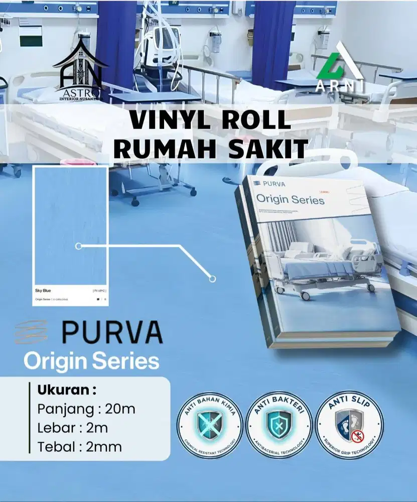 [PV] Lantai Vinyl Roll Rumah Sakit 20m x 2m Anti Bakteri dan Anti Baha