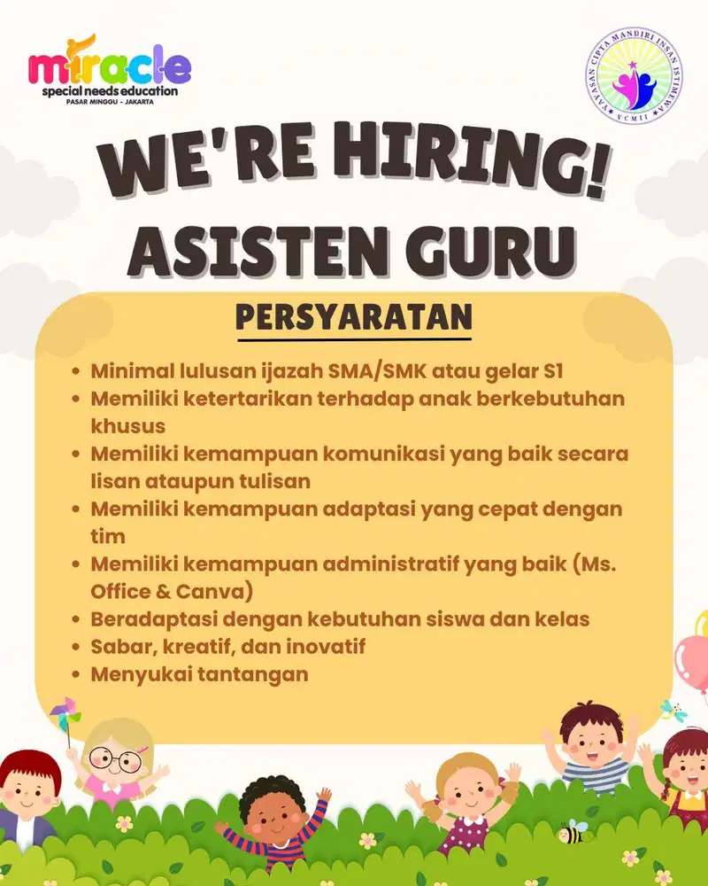 Dicari Asisten Guru PG dan TK