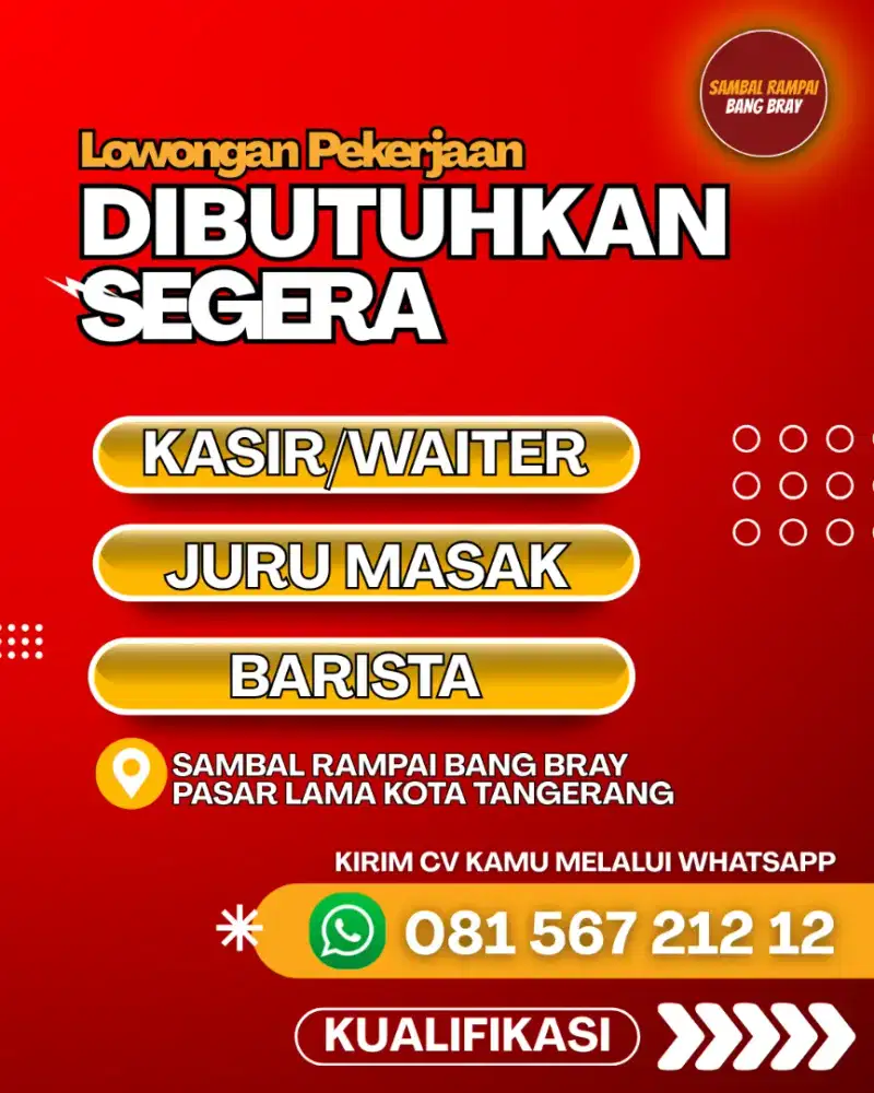 LOWONGAN KERJA UNTUK BARISTA, KASIR, DAN JURU MASAK