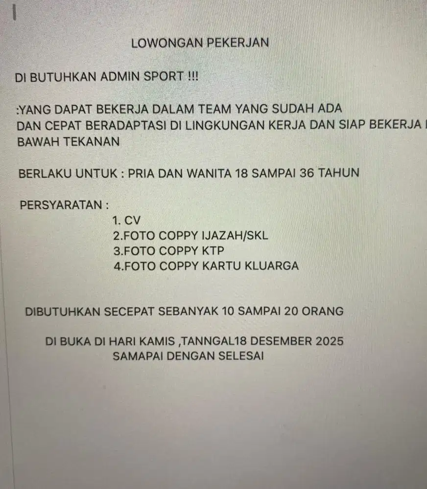 LOKER UNTUK PRIA DAN WANITA 18TAHUN SAMPAI 36 TAHUN