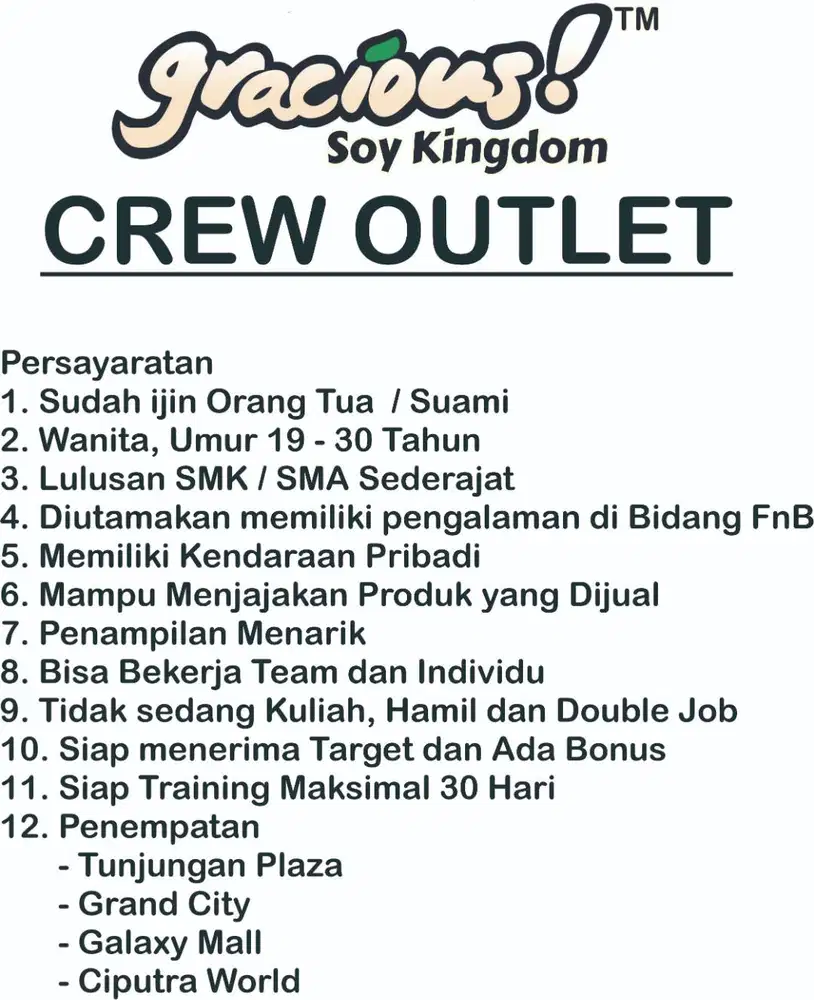 Gracious Crew Outlet ( Jujur, Cekatan, SIap Ditarget )
