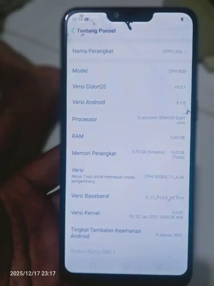 Jual hp Oppo a3s ram 2/16 minus cm layar sentuh aja retak tp msh punsi