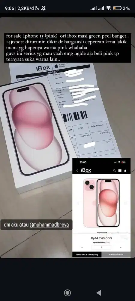 Jual Iphone 15 pink 128 ori IBOX