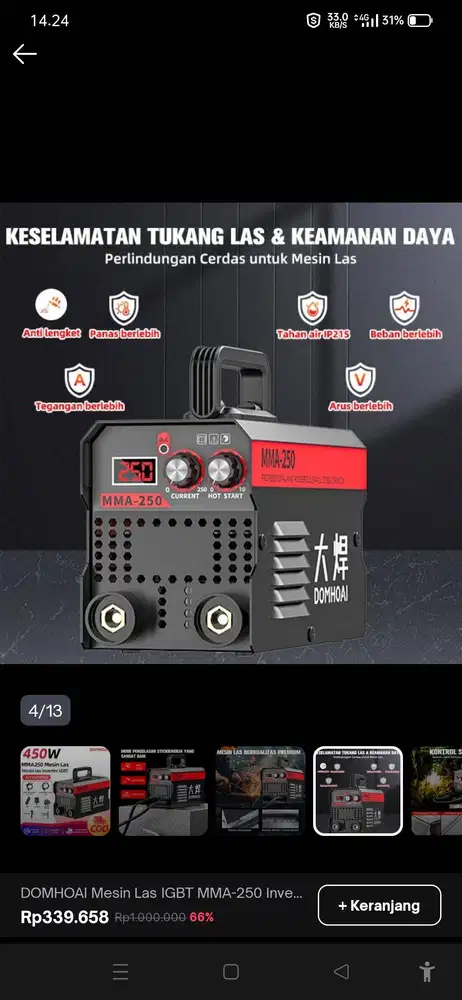 Mesin las DOMHIAI MMA 250. 1.8+1.2 base.