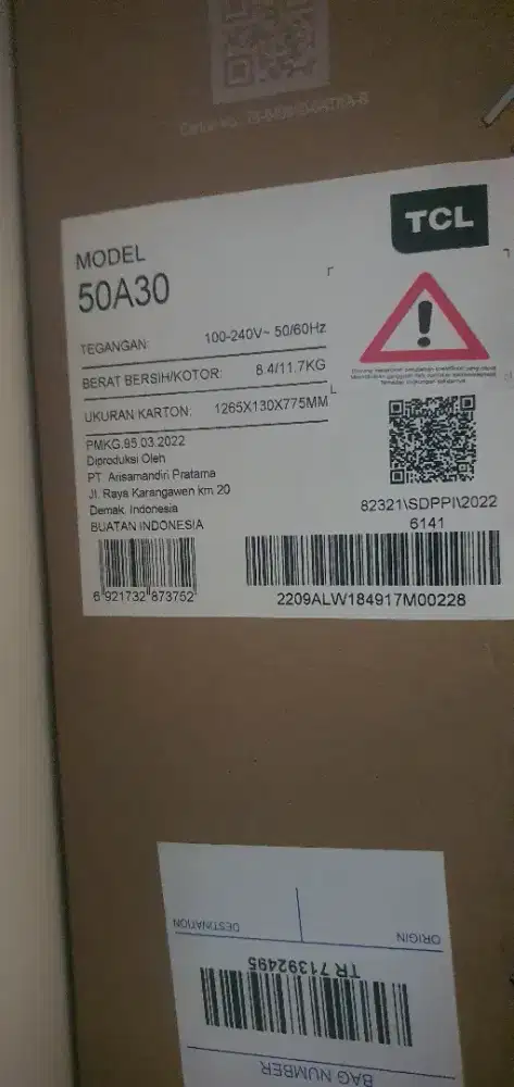 di jual BU TV 50in TCL 50A30