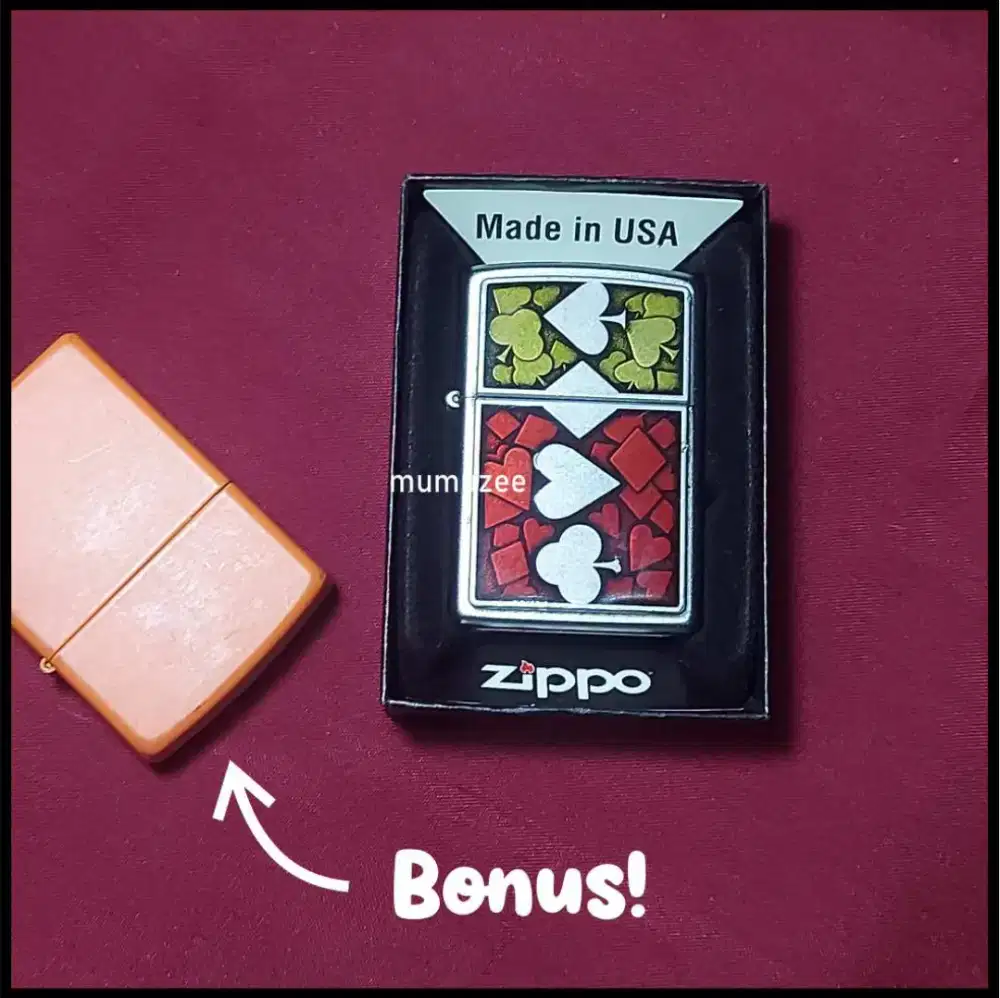 KOREK ZIPPO SERI PLAYING CARD 4 SUITS Bonus refil flint 13pcs
