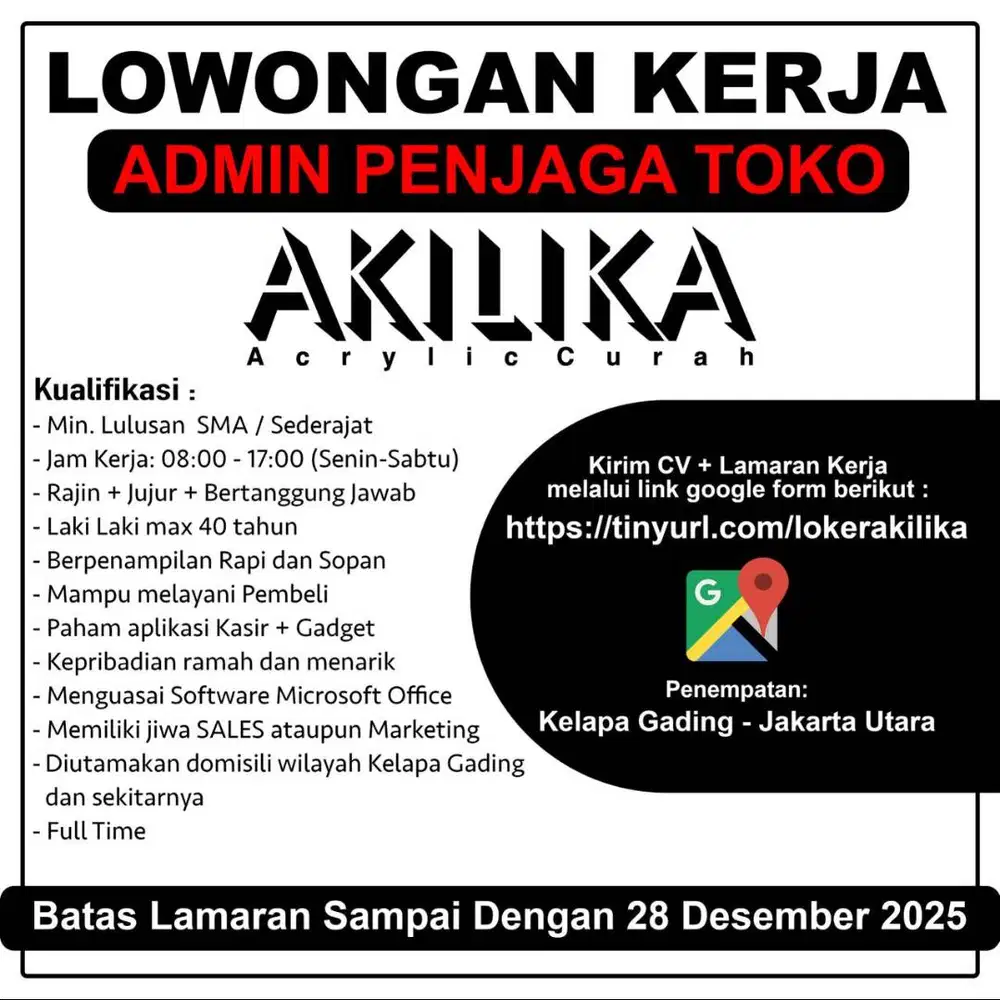 Lowongan Kerja Admin & Penjaga Toko
