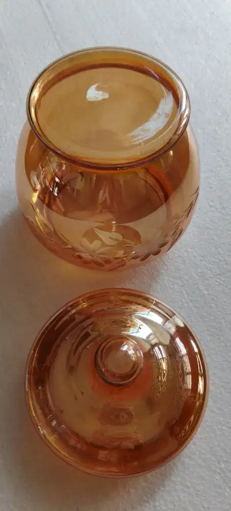 Toples Kaca Antik Vintage, Kaca Tebal, Tutup Asli, Motif Ukir