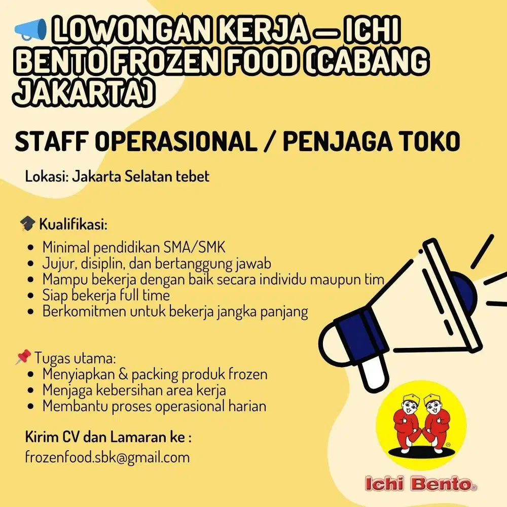 LOWONGAN KERJA – ICHI BENTO FROZEN