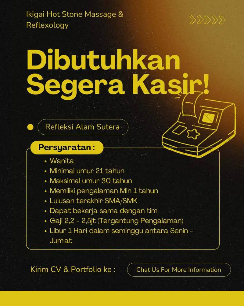 Lowongan Kasir Tempat Refleksi Keluarga Alam Sutera