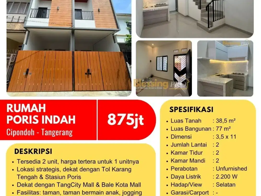 Dijual Cuma Rp 875 Juta Dapet Rumah 2 Lantai Siap Huni di Poris Indah