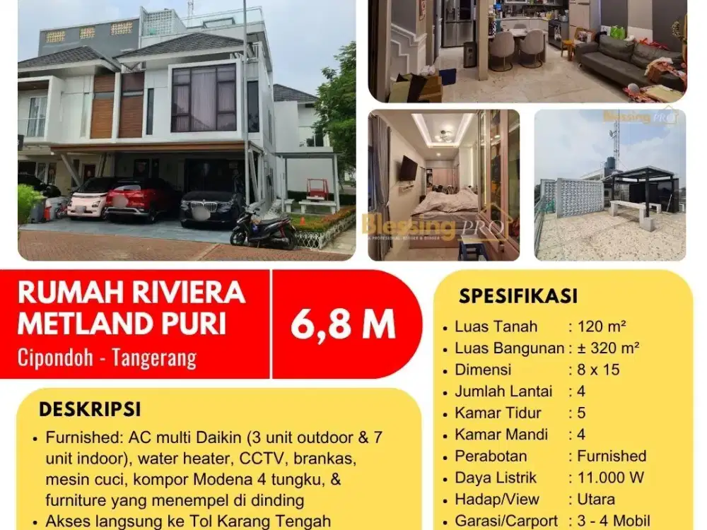 Dijual Rumah Mewah 4 Lantai Full Furnish di The Riviera Metland Cyber Puri