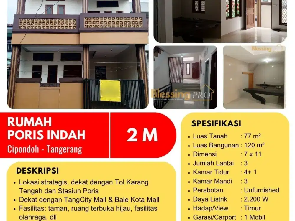 Dijual Rumah Modern Minimalis 3 Lantai Siap Huni di Poris Indah