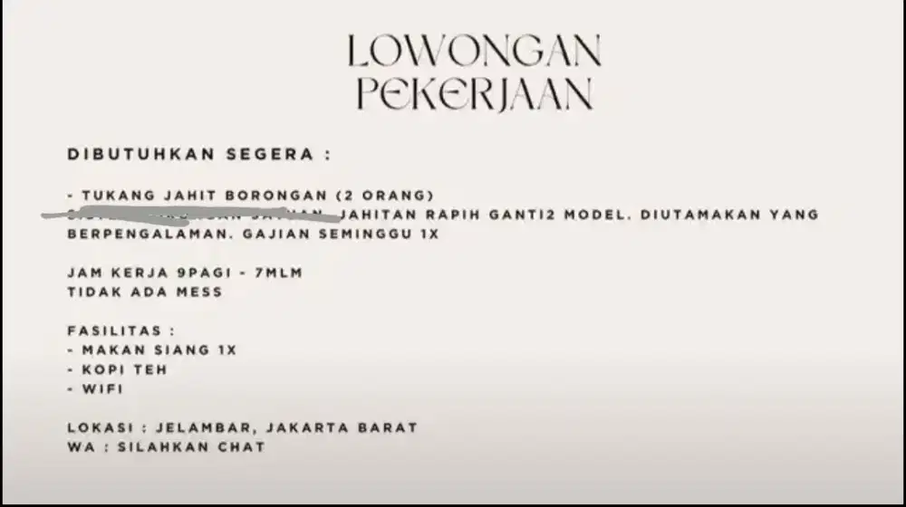 Dibutuhkan Segera Penjahit Semi Butik jakarta barat