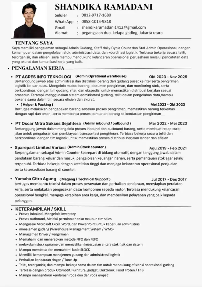 pengalaman admin warehouse