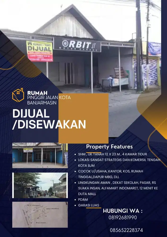 Disewakan atau Dijual Rumah Lokasi Pinggir Jalan utama