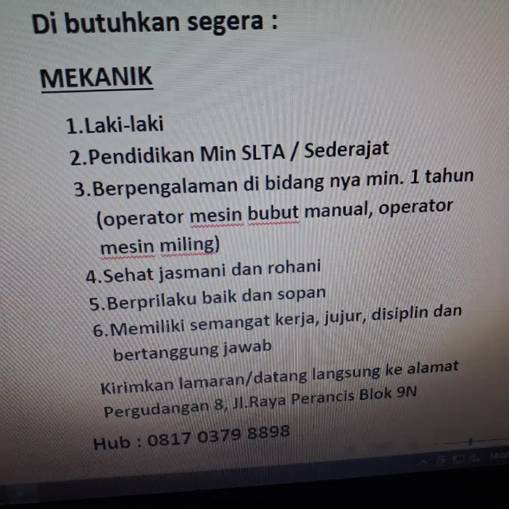 Dicari mekanik dan teknisi