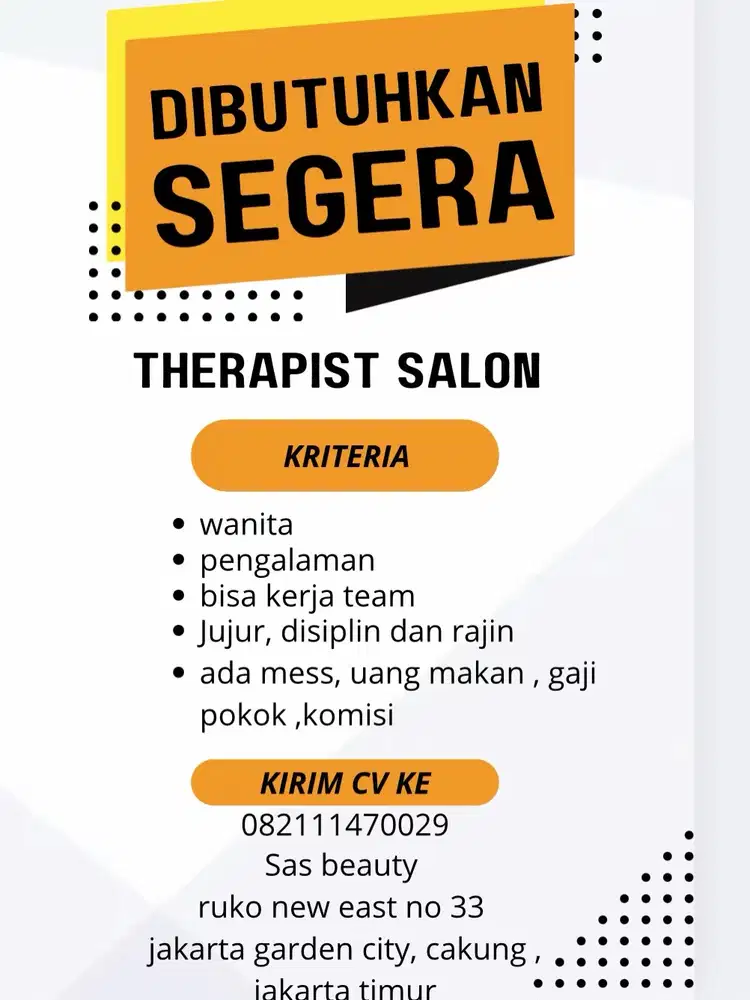 DIBUTUHKAN KARYAWAN SALON/TERAPIS SPA