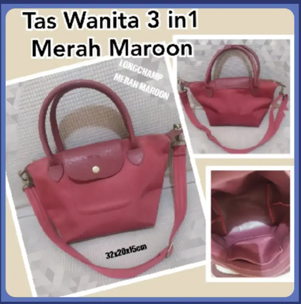 Tas Wanita 3in 1 LONGCHAMP Merah Maroon