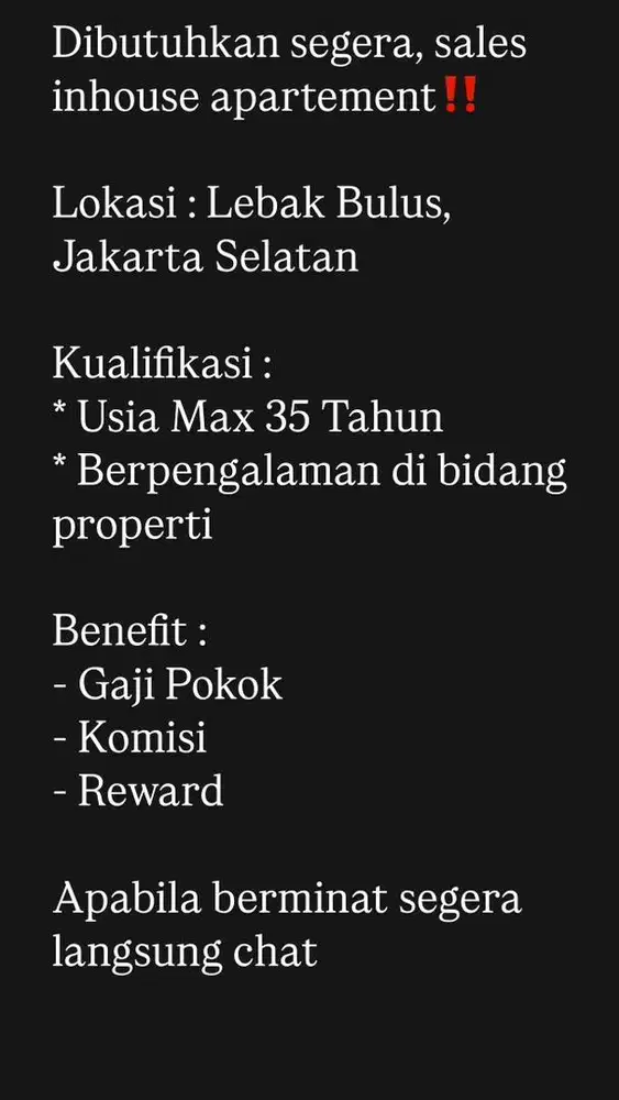 Dibutuhkan segera selas apartement yang berpengalaman‼️