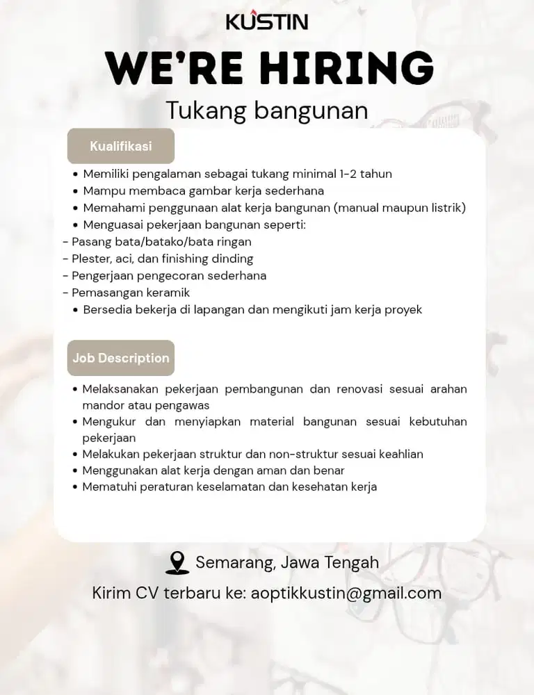 Loker Tukang Bangunan/Interior Semarang