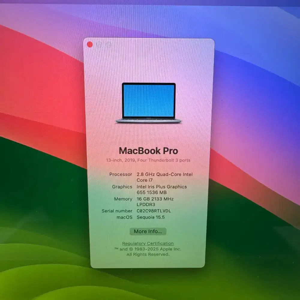 Macbook Pro 2019 layar 13 inch Ram 16 Ssd 512 Core i7 Space Grey