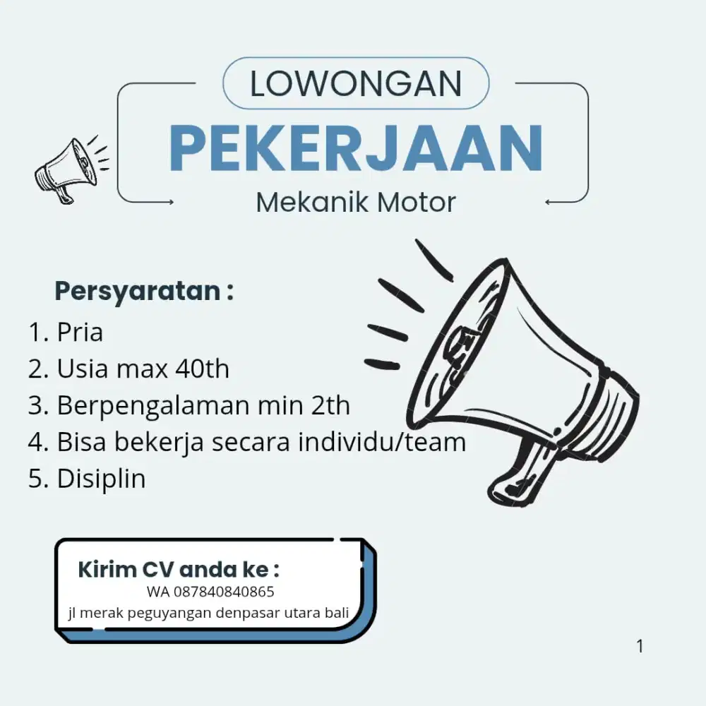 LOWONGAN KERJA MEKANIK MOTOR