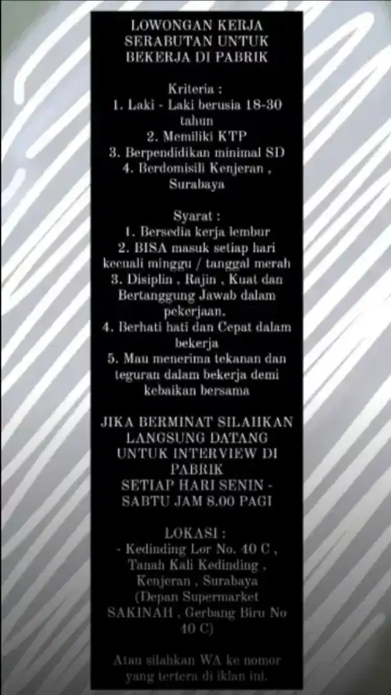 LOWONGAN KERJA SERABUTAN DI PABRIK