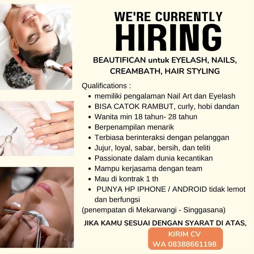 DICARI BEAUTIFICAN untuk EYELASH,NAILS,CREAMBATH, HAIR STYLING