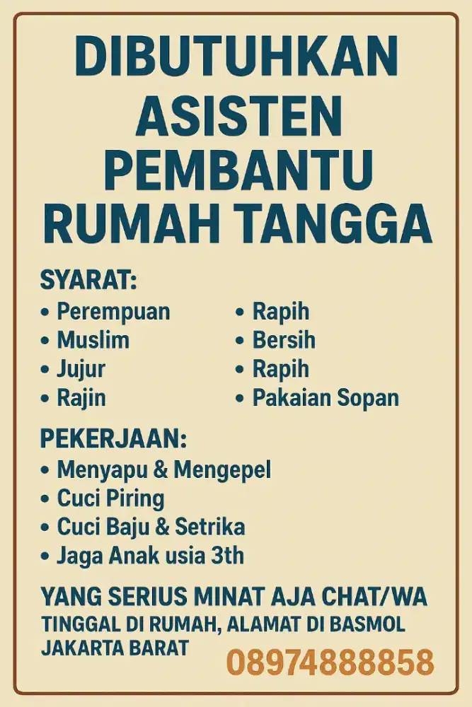 Dicari ART atau Asisten Rumah Tangga daerah Basmol Kembangan