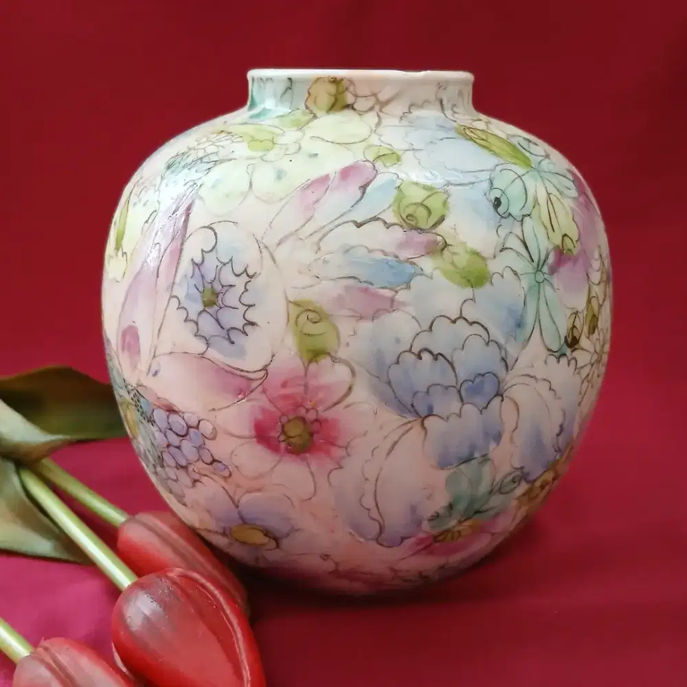 Guci kendi keramik antik vintage lukisan tangan motif bunga, pre-owned