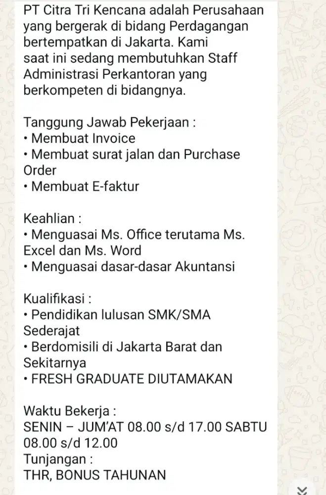 DICARI STAFF ADMINISTRASI