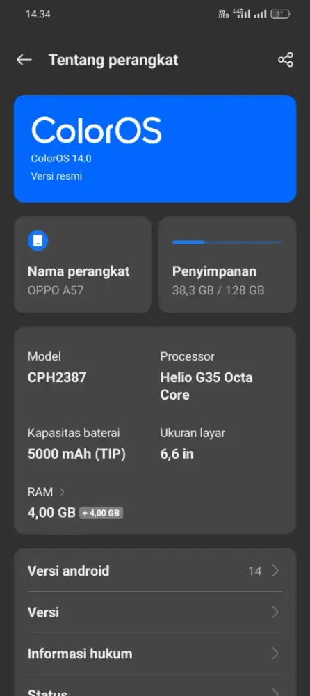 Hp Oppo A57 bekas