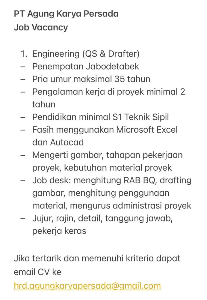 QS & Drafter Engineering - PT Agung Karya Persada